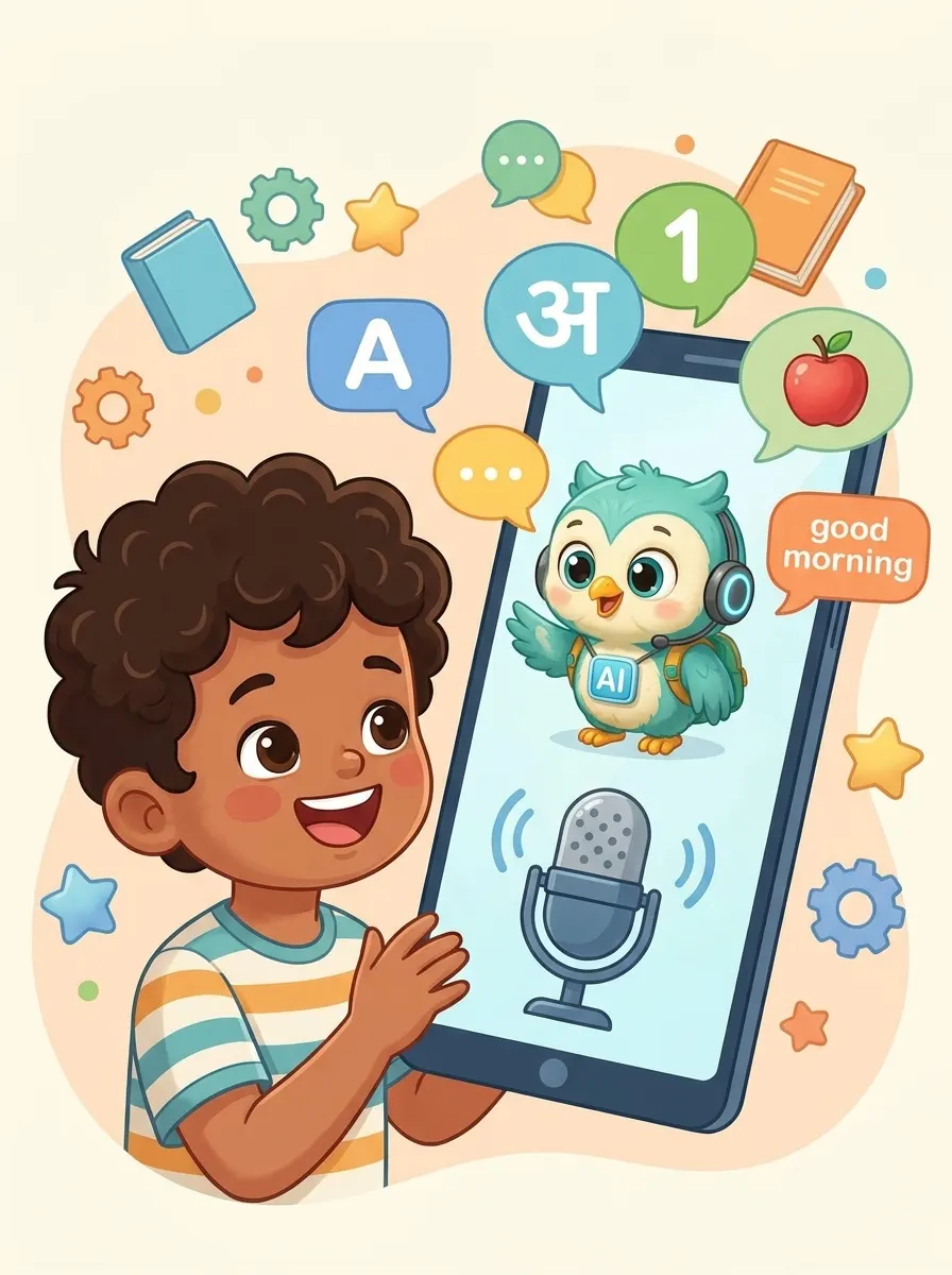 Child using PLG Kids speaking practice on a tablet